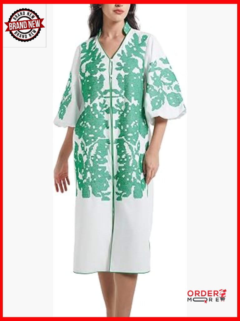 Floral Embroidered Midi Dress With Pockets 3/4 Sleeve V-Neck Loose Fit